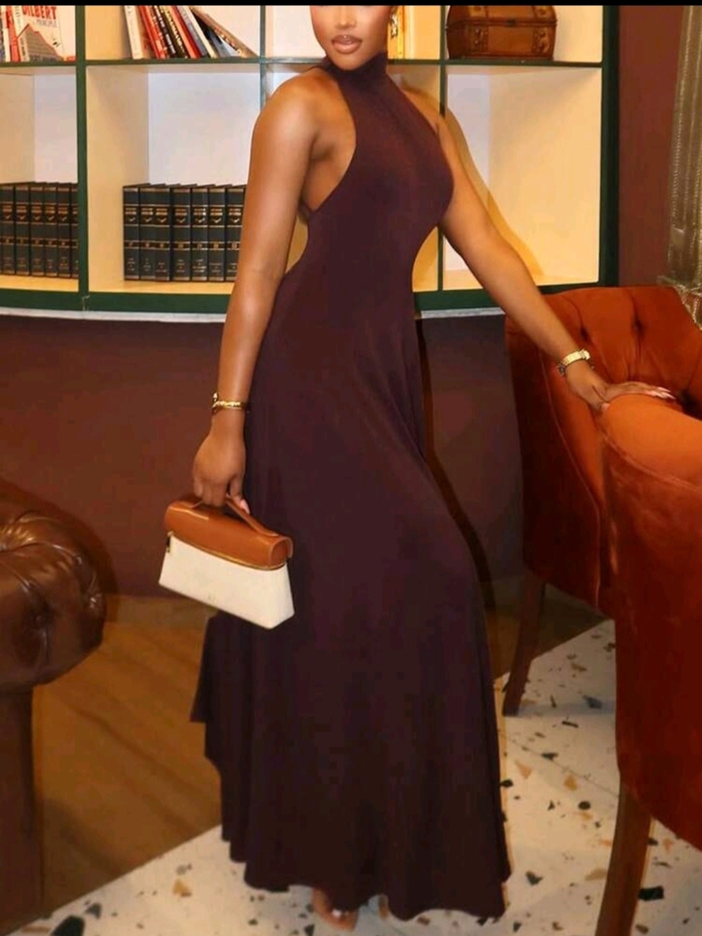 Women’s High-Neck Brown Maxi Dress